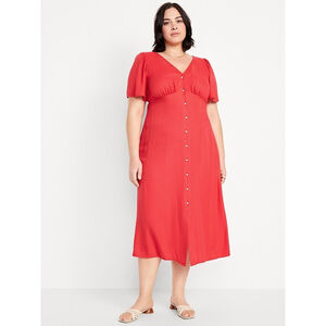 Old Navy Button-Front Midi Dress Women's L‎ Red Waist-Defined Coastal Romantic